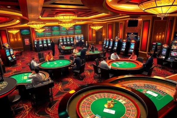 Experience the excitement of lc88 casino gaming with players at engaging tables and captivating slot machines.