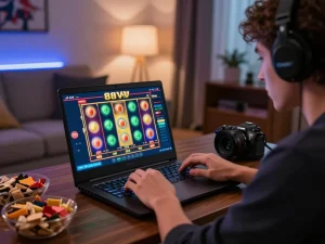 Engaging gameplay on 88vv online casino platform displayed on a laptop in a cozy home setting.
