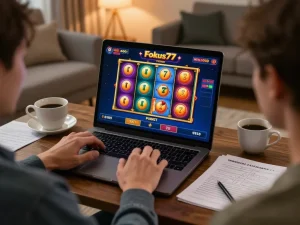 Player enjoying Fokus77 online slots from home, illustrating a vibrant gaming experience.