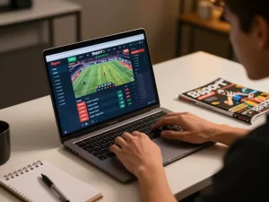 Player engaging with the Bsport betting interface on a high-end laptop, emphasizing strategic sports betting experience
