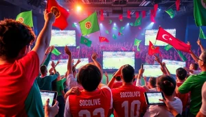 SOCOLIVE live soccer streaming event with passionate fans cheering in a vibrant atmosphere.
