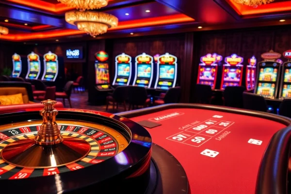 Players enjoying table games and slots at King88 casino, showcasing excitement and luxury.