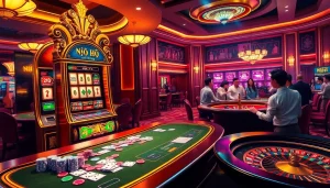 Nổ Hũ Đổi Thương excitement at a vibrant casino with slot machines, tables, and players winning.