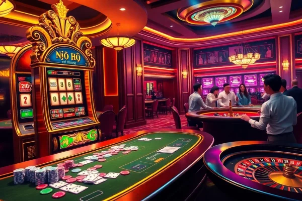 Nổ Hũ Đổi Thương excitement at a vibrant casino with slot machines, tables, and players winning.