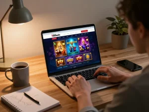 Player engaging in 789win online gambling session at home, analyzing strategy notes.