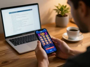 Engaged player using the LV88 app on smartphone during online gaming session at home