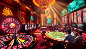 Experience the thrill of raja luck at a vibrant casino, featuring roulette, slots, and excited players.