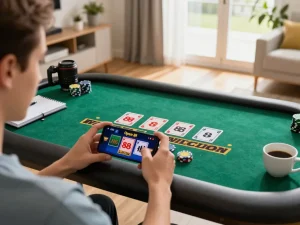 Engaging in Open 88 casino games on a smartphone with vibrant dealer action in a cozy home setting.