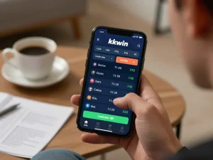 Engaging in online betting on kkwin club with a smartphone app in a cozy living room.