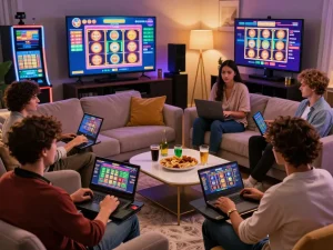 Exciting scene of players enjoying online gambling at trang tv88 from their home.