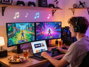 Excited gamer enjoying porngames on dual monitors with snacks in a cozy setting.