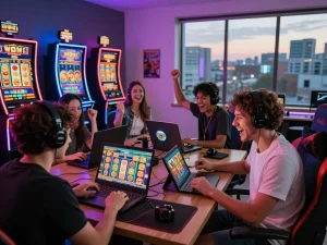 Para pemain merayakan kemenangan saat bermain slot online laoban188 di ruang permainan yang meriah.