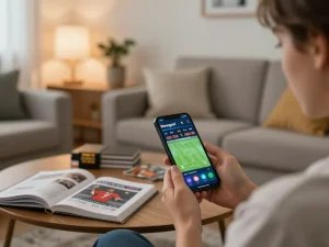Mobile user betting on Nowgoal app displaying live soccer odds and strategies in a cozy home