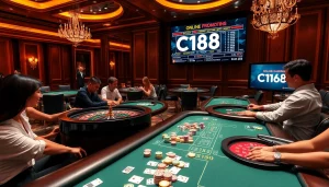 C168 players enjoying an exciting casino experience with poker and roulette tables in a stunning setting.