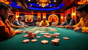 Players strategizing over RR99 poker chips at a luxurious casino table with vibrant ambiance.