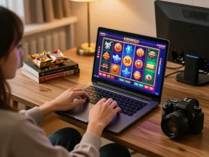 Pemain daring yang terlibat menikmati slot aman788 di laptop dalam lingkungan rumah yang nyaman