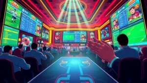 Engaged players excitedly placing Taruhan Bola bets at a dynamic sports betting casino scene.