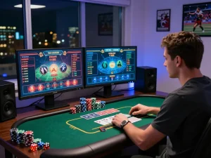 Engaging online gambling experience at https://32win.agency/ with a player in a vibrant casino setting.