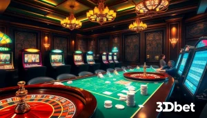 Experience the excitement of 3Dbet with vibrant casino games, poker chips, and a roulette wheel.