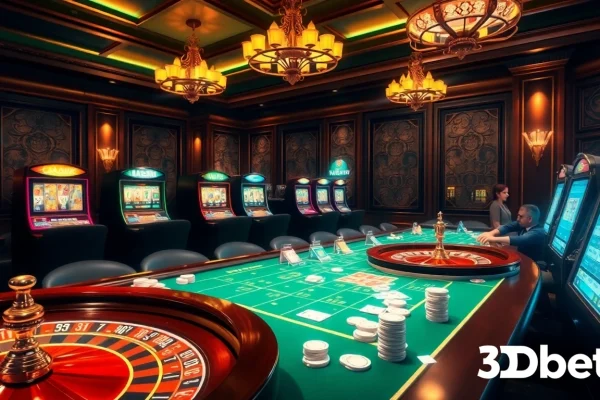 Experience the excitement of 3Dbet with vibrant casino games, poker chips, and a roulette wheel.