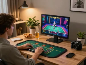 Player engaging in live casino gaming on tablet at home, featuring mk8th.net online platform with vibrant gaming action.