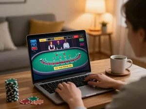 Engaging gameplay on 98winlive showing live dealer blackjack on a laptop at home