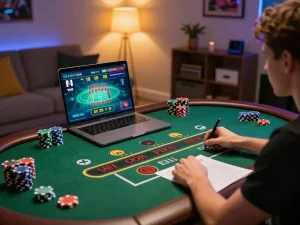 Person playing 789 live dealer game on laptop, immersed in online casino experience.