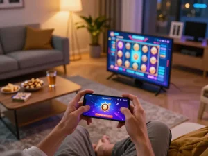 Engaging user playing on situs gacor nekatwin mobile app amidst a stylish home setting