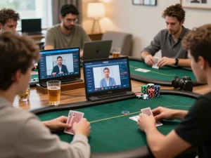 Players strategizing in IWIN68 online poker game, showcasing elegant home setup and focused gameplay