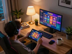 Terlibat dalam permainan slot pulsa di tablet dalam pengaturan rumah yang nyaman dengan pencahayaan ambient hangat.