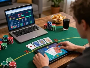 Sesi perjudian daring yang menarik di Planet 77 dengan permainan blackjack dinamis ditampilkan di tablet dalam suasana yang nyaman