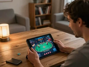 Engaged player enjoying Okwin tv on a tablet in a cozy home setup, showcasing online gambling excitement