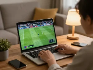 Engaging with a football stream Cakhiatv from the comfort of home, highlighting online betting experience.