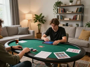 Engaging in online poker at home using jjun88, showcasing comfortable gaming setup and strategy notes.