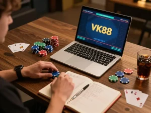 Player engaging with VK88 online gaming interface while strategically managing poker chips at home.