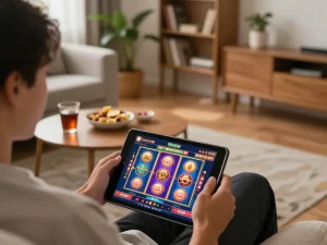 Engaging gaming at Trang chủ 888new, a cozy home setup with tablet displaying casino games.