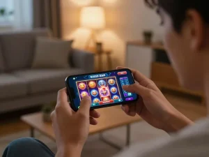 Aksi login DASI4D di smartphone menunjukkan antarmuka permainan slot yang hidup di ruang tamu yang nyaman.