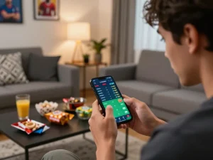 Engaging in sun win online sports betting via smartphone in a cozy living room setting.