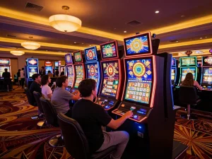 Players enjoying slot gacor hari ini at an exciting Vegas casino, celebrating big wins.