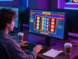 Pemain berinteraksi dengan situs slot online, layar permainan berwarna-warni ditonjolkan dalam pengaturan rumah yang elegan.