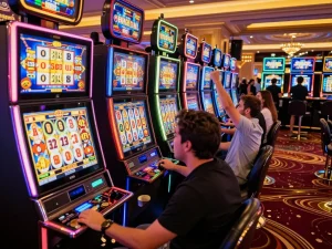 Players engaging passionately with slot machines at rr88 casino, celebrating a jackpot win with excitement.