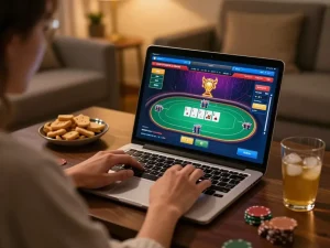 Player engaging with rik vip online poker game interface in cozy home setup