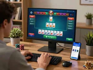Engaging in a live dealer blackjack game on PLANET88 app, capturing the excitement of online gambling.