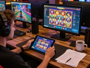 Player engaging with slot pulsa online gaming setup for an immersive experience