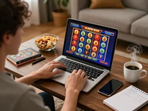 Playing toto slot games on a laptop in a cozy home setting with snacks and coffee.