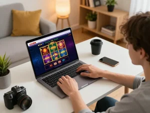 Experience online gambling thrills with UU88 in a cozy home setup, showcasing engaging gameplay.