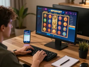 Play engaging MPOSPORT slot online Indonesia with a vibrant atmosphere and modern gaming setup.