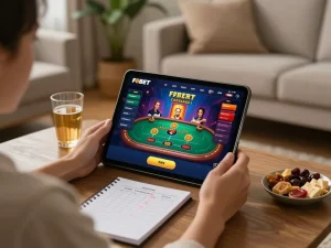 Play exciting F8BET casino games on a tablet in a cozy home setting with strategic notes nearby.