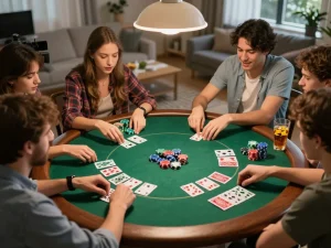 Teman-teman yang merencanakan strategi dan bermain poker saat malam permainan dengan kartu dan chip bertema starplay88.