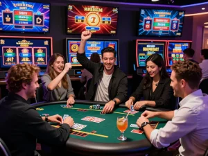 Dynamic online gaming scene at Nhà Cái Kuwin showcasing players enjoying casino games with colorful visuals.